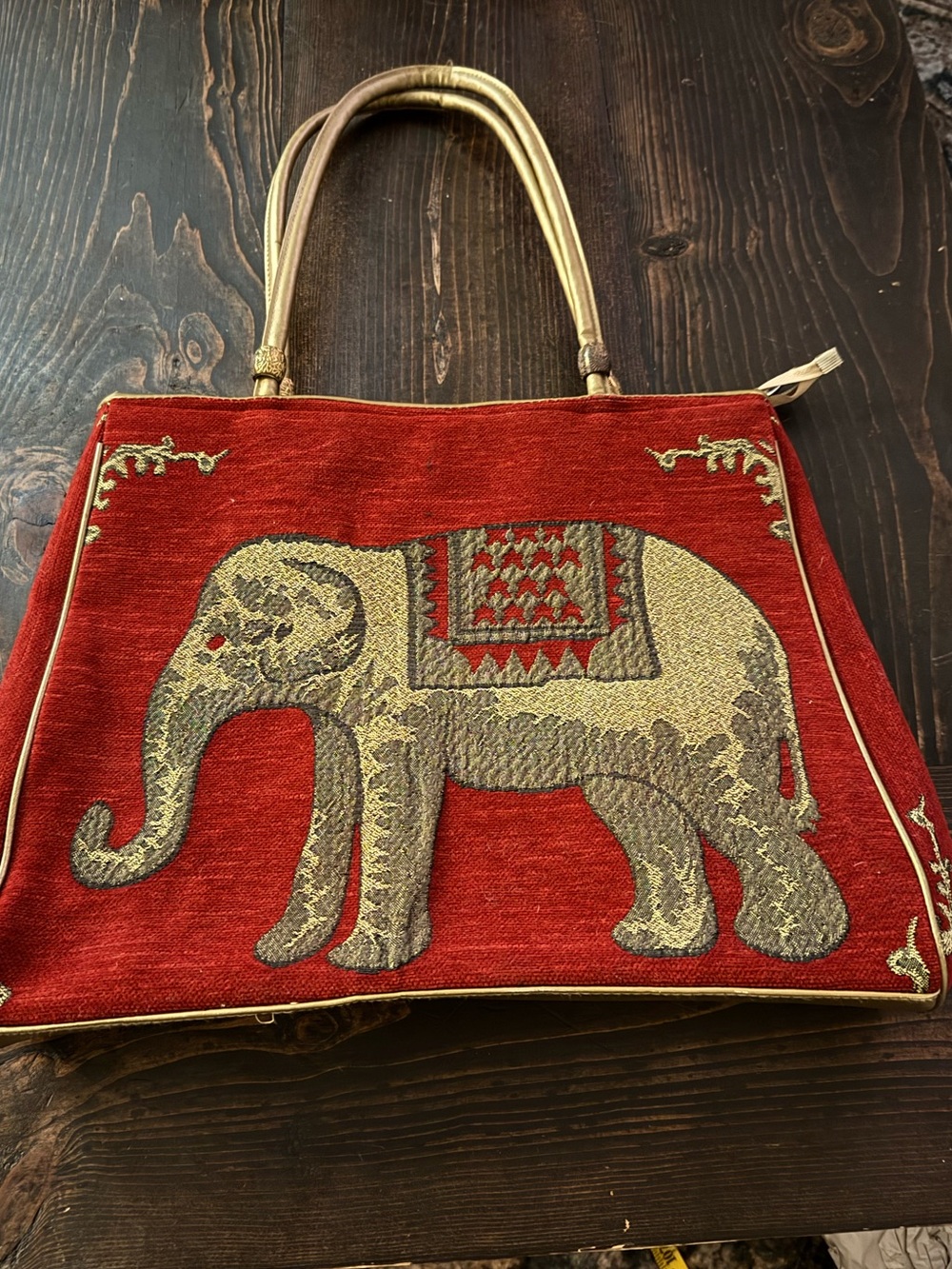 Vintage Red Tapestry Tote Bag with Elephant Motif